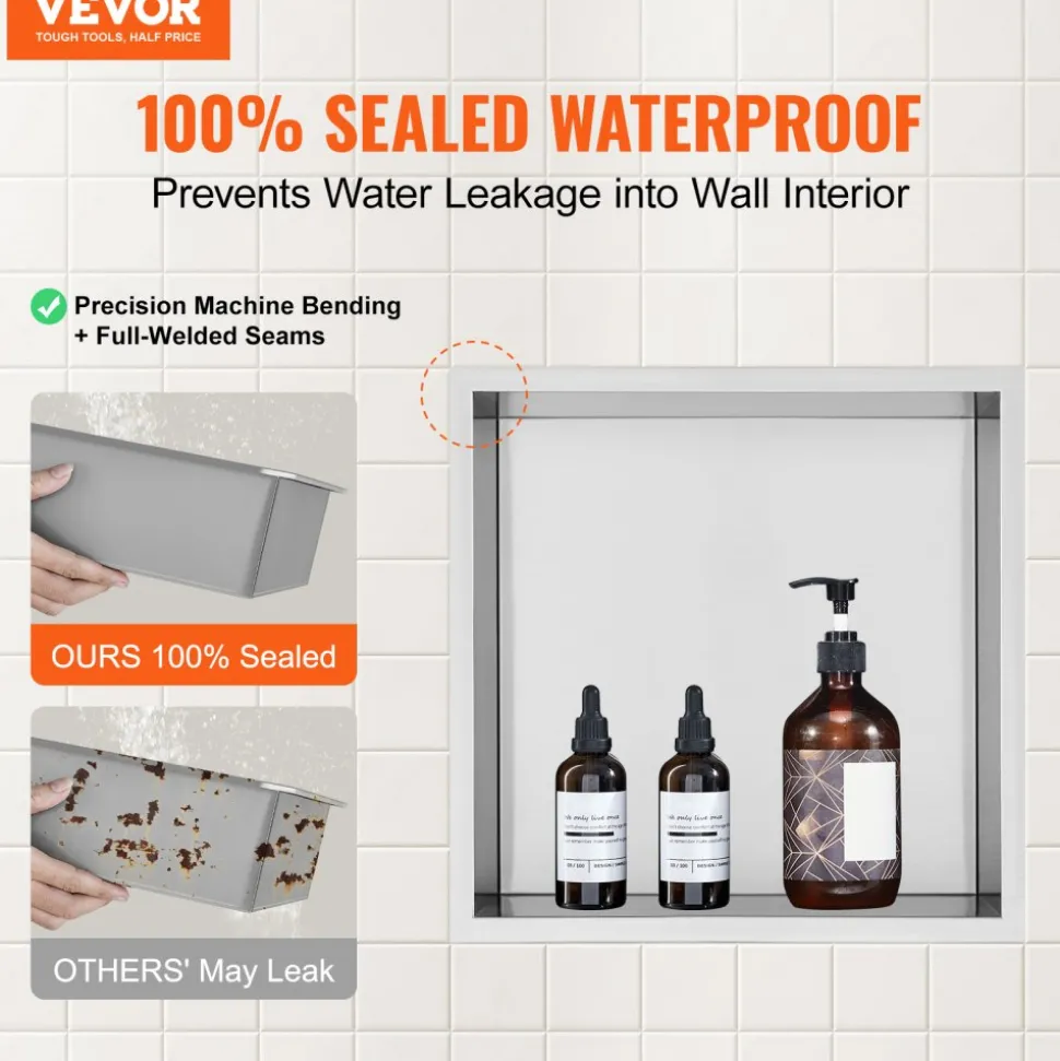 VEVOR 13"x13" No Tile Shower Niche 304 Stainless Steel, Wall-Inserted Niche Recessed Double Shelves, Sealed Waterproof Rust-Resistant Modern Niche for Shower Bathroom Soap Storage, Silver