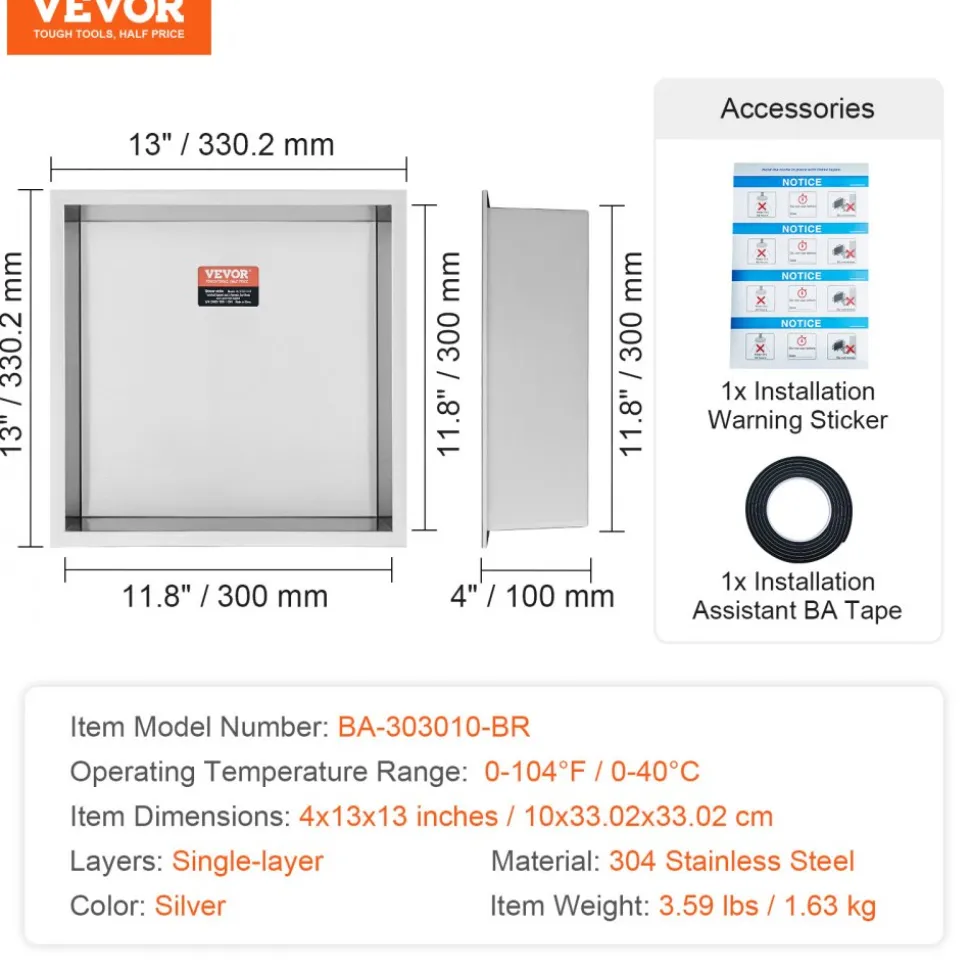 VEVOR 13"x13" No Tile Shower Niche 304 Stainless Steel, Wall-Inserted Niche Recessed Double Shelves, Sealed Waterproof Rust-Resistant Modern Niche for Shower Bathroom Soap Storage, Silver