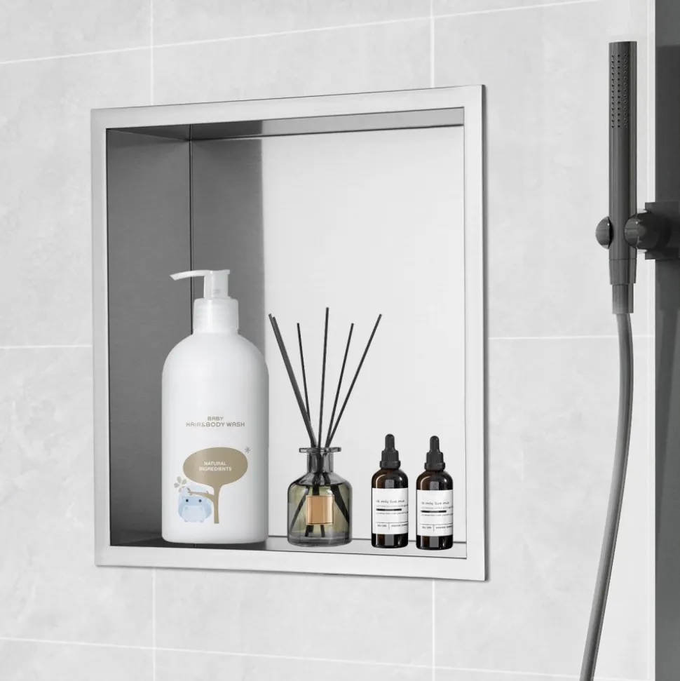 VEVOR 13"x13" No Tile Shower Niche 304 Stainless Steel, Wall-Inserted Niche Recessed Double Shelves, Sealed Waterproof Rust-Resistant Modern Niche for Shower Bathroom Soap Storage, Silver