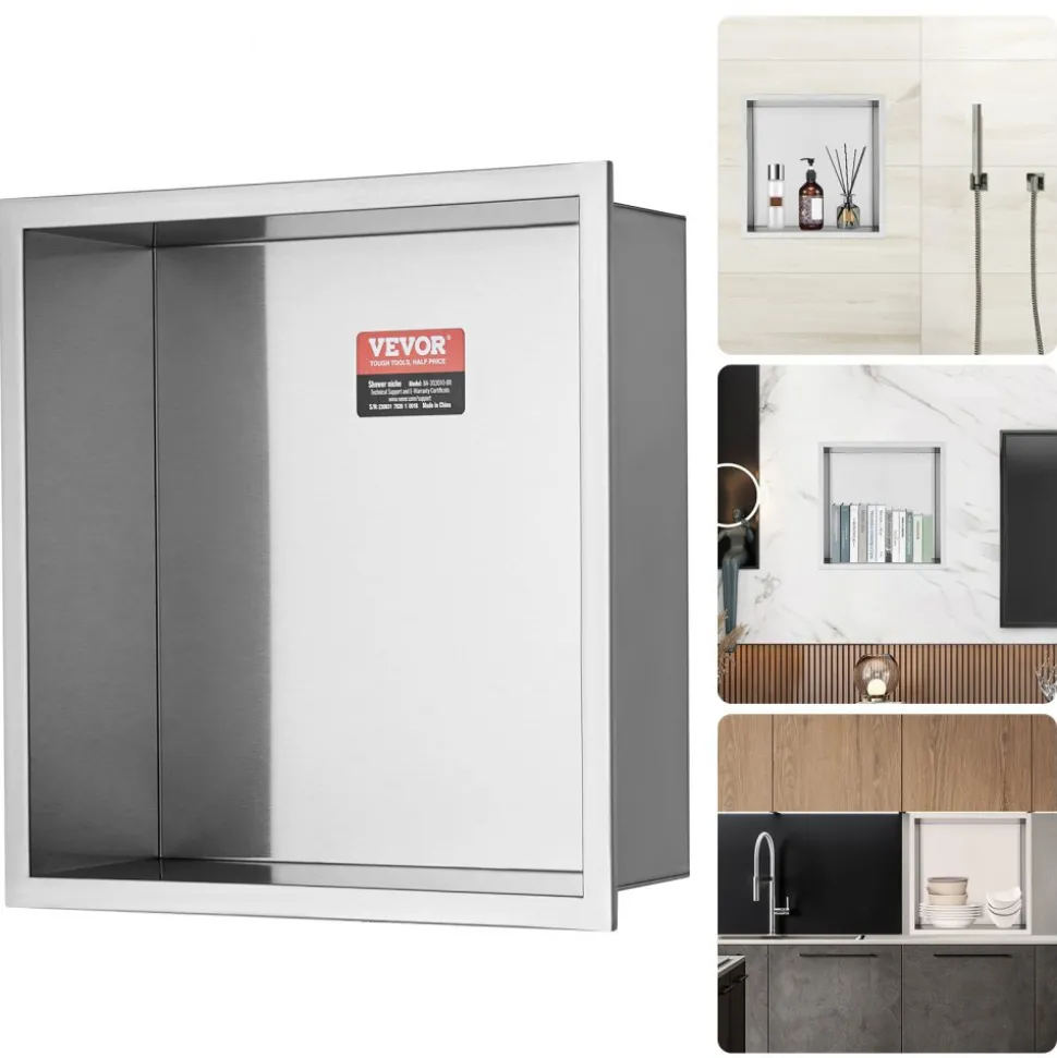 VEVOR 13"x13" No Tile Shower Niche 304 Stainless Steel, Wall-Inserted Niche Recessed Double Shelves, Sealed Waterproof Rust-Resistant Modern Niche for Shower Bathroom Soap Storage, Silver