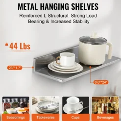 VEVOR 8.6" x 24" -2 Pack Stainless Steel Shelf, Wall Mounted Floating Shelving with Backsplash, 44 lbs Load Capacity Commercial Shelves, Heavy Duty Storage Rack for Restaurant, Kitchen, Bar, Home, and Hotel