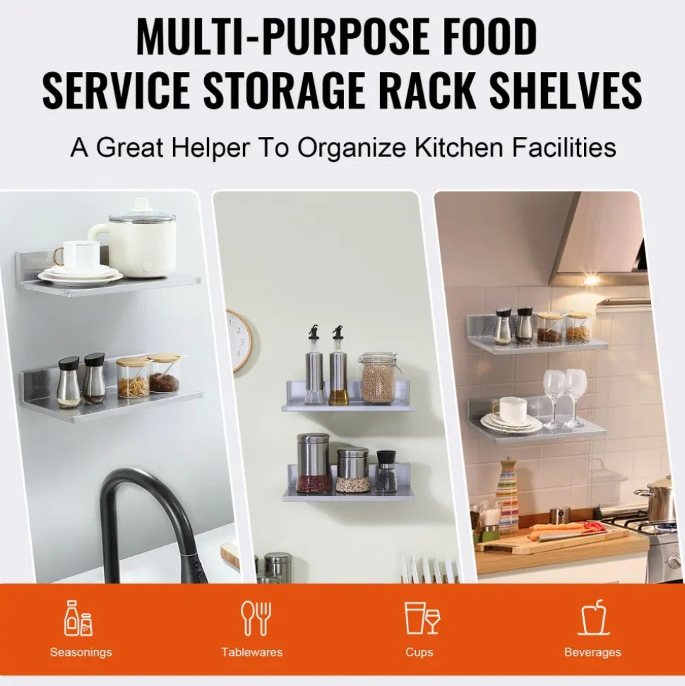 VEVOR 8.6" x 16" -2 Pack Stainless Steel Shelf, Wall Mounted Floating Shelving with Backsplash, 44 lbs Load Capacity Commercial Shelves, Heavy Duty Storage Rack for Restaurant, Kitchen, Bar, Home, and Hotel