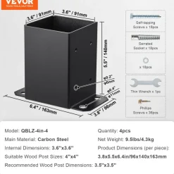 VEVOR 4x4 Post Base 4 Pcs, Inner Size 3.6