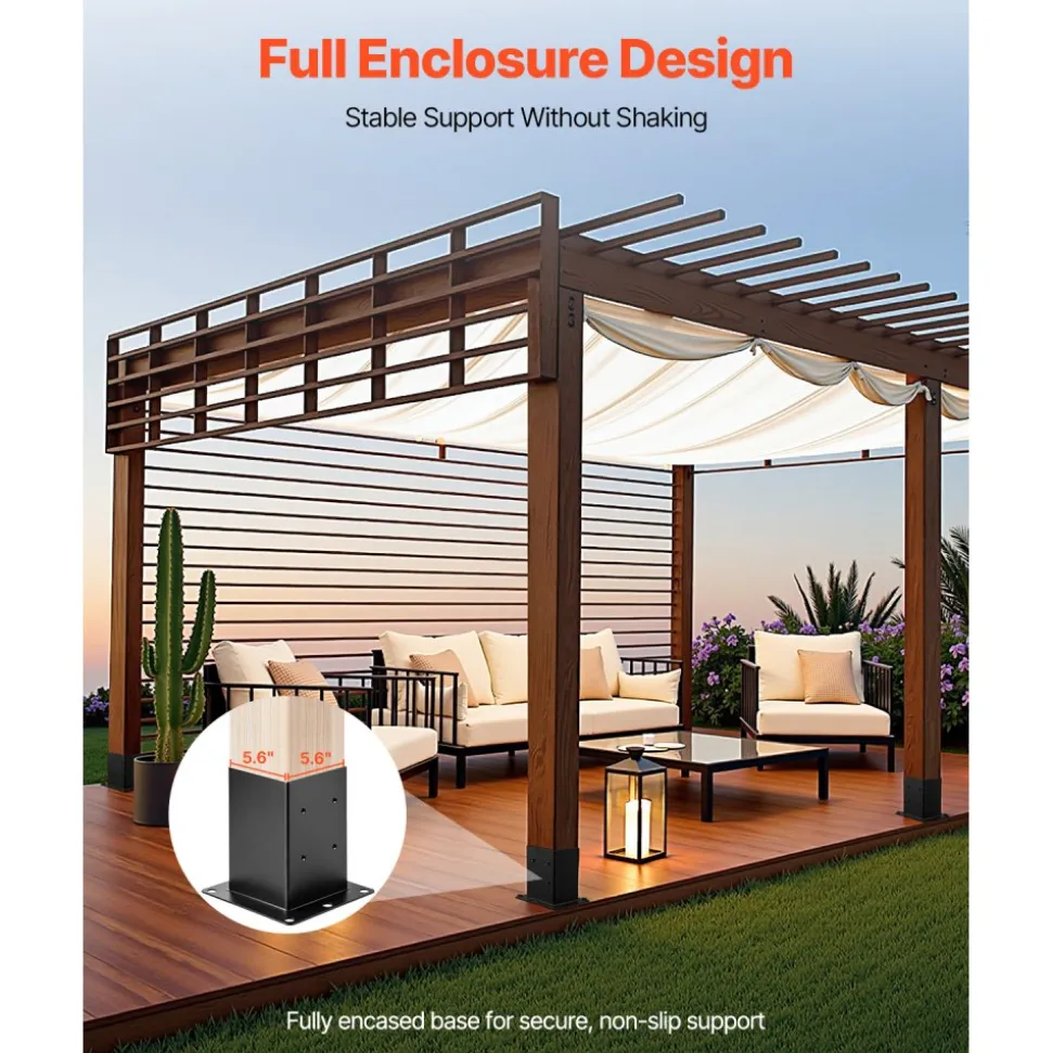 VEVOR 6x6 Post Base 4 Pcs, Inner Size 5.6x5.6 inch / 142x142 mm Post Brackets, Heavy Duty Carbon Steel Decking Posts, Wood Posts Brackets for Pavilion Deck Railing Support Deck Base Plate, Black