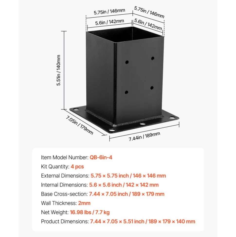 VEVOR 6x6 Post Base 4 Pcs, Inner Size 5.6x5.6 inch / 142x142 mm Post Brackets, Heavy Duty Carbon Steel Decking Posts, Wood Posts Brackets for Pavilion Deck Railing Support Deck Base Plate, Black
