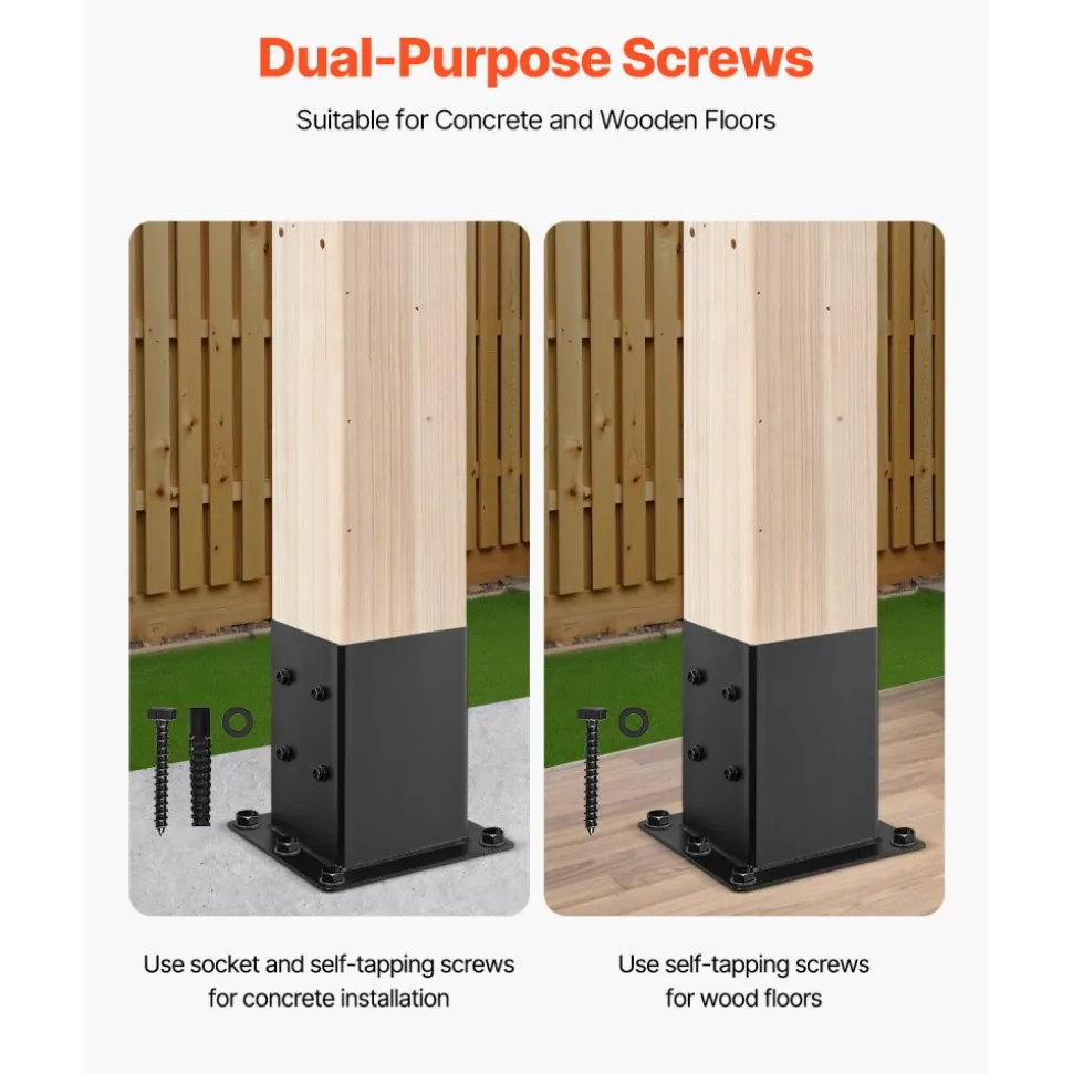 VEVOR 6x6 Post Base 4 Pcs, Inner Size 5.6x5.6 inch / 142x142 mm Post Brackets, Heavy Duty Carbon Steel Decking Posts, Wood Posts Brackets for Pavilion Deck Railing Support Deck Base Plate, Black