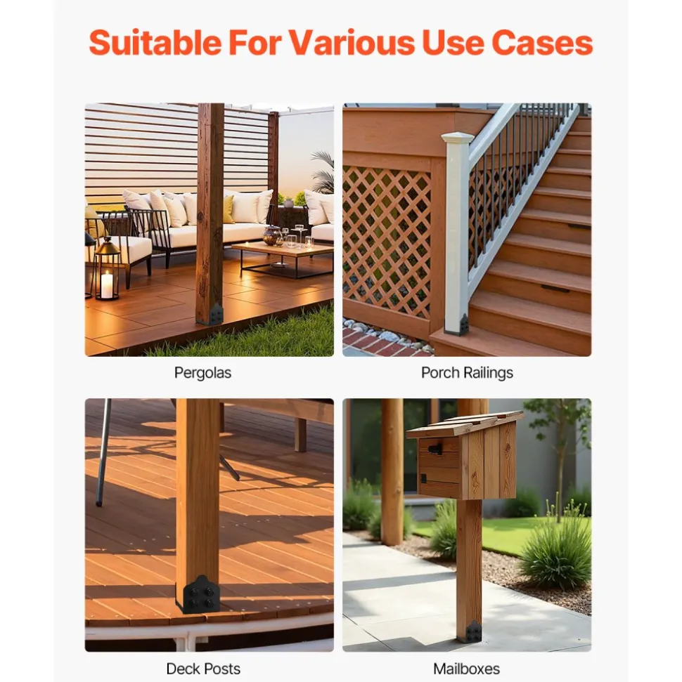 VEVOR 4x4 Post Base 8 Pcs, Inner Size 3.6x3.6 inch / 92x92 mm Post Brackets, Heavy Duty Carbon Steel Decking Posts, Wood Posts Brackets for Pavilion Deck Railing Support Deck Base Plate, Black