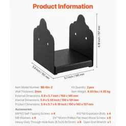 VEVOR 6x6 Post Base 2 Pcs, Inner Size 5.9x5.55 inch / 150x141 mm Post Brackets, Heavy Duty Carbon Steel Decking Posts, Wood Posts Brackets for Pavilion Deck Railing Support Deck Base Plate, Black