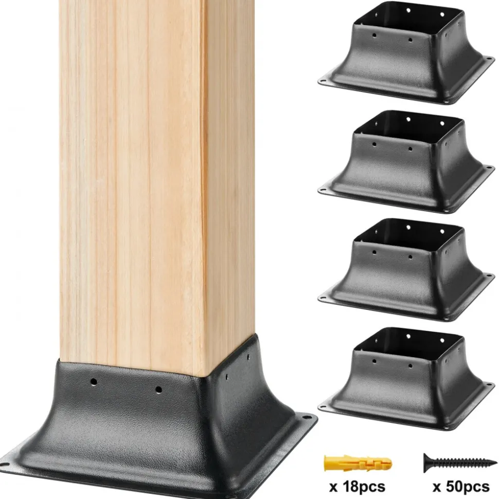 VEVOR 4x4 Post Base 4Pcs, Internal 3.6"x3.6" Heavy Duty Powder-Coated Steel Post Bracket Fit for Standard Wood Post Anchor, Decking Post Base for Deck Porch Handrail Railing Support