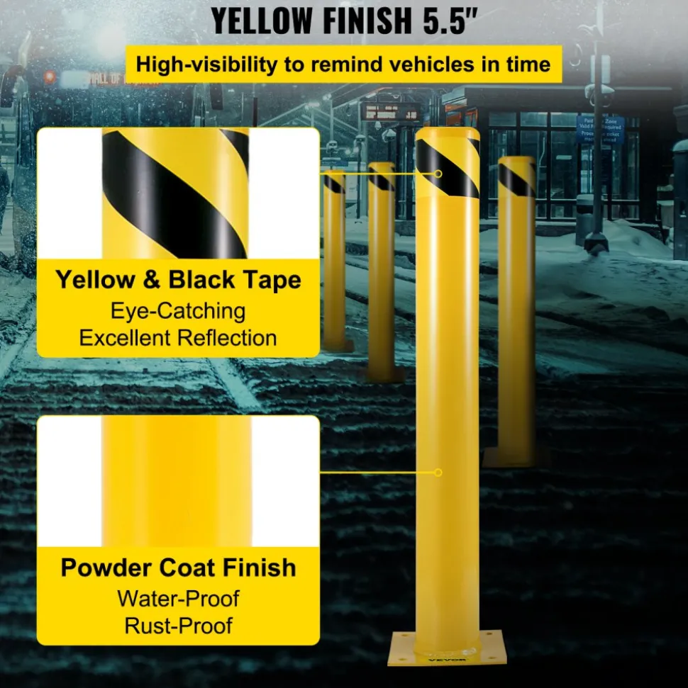 VEVOR 42"x5.5" Safety Bollard, 5-1/2" OD 42" Height Safety Barrier Bollard, Yellow Powder Coat Pipe Steel Safety Barrier, with 4 Free Anchor Bolts, for Traffic-Sensitive Area