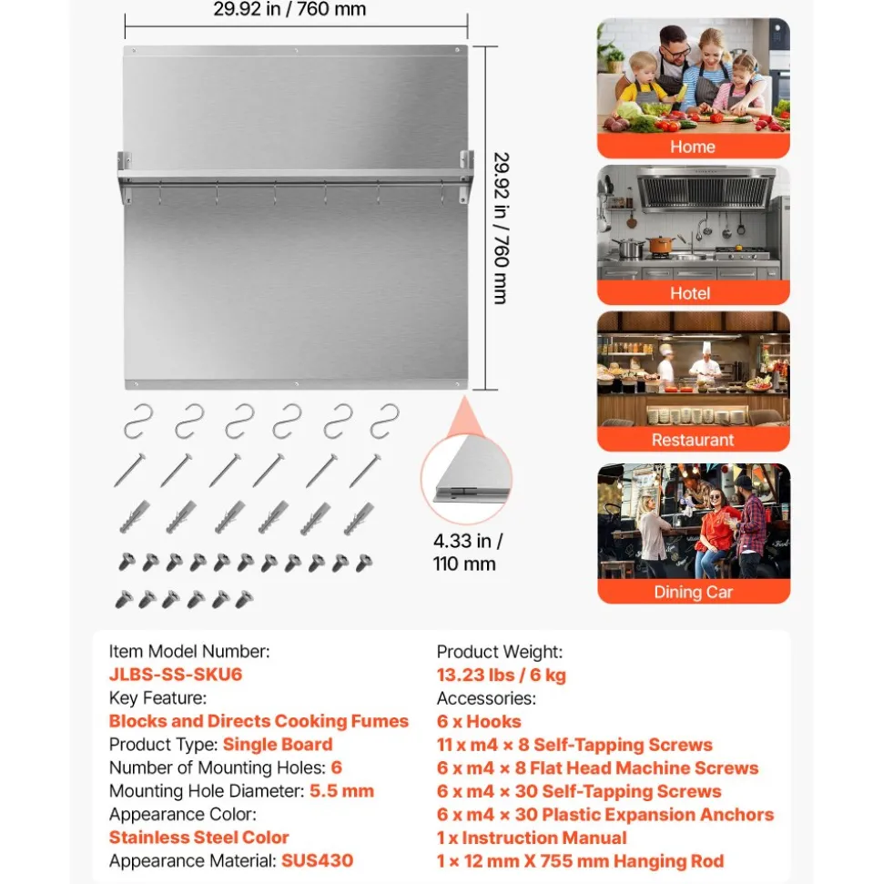 VEVOR 30" x 24" Stainless Steel Backsplash for Stove, Ultra Flat Splatter Guard, Wall Shield Range Hood Backsplash, Easy Clean Kitchen Wall Metal Panel, Pre-Drilled Holes for Easy Installation, Silver