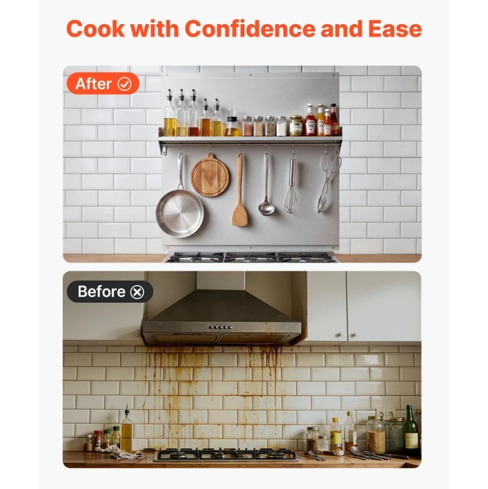 VEVOR 30" x 24" Stainless Steel Backsplash for Stove, Ultra Flat Splatter Guard, Wall Shield Range Hood Backsplash, Easy Clean Kitchen Wall Metal Panel, Pre-Drilled Holes for Easy Installation, Silver