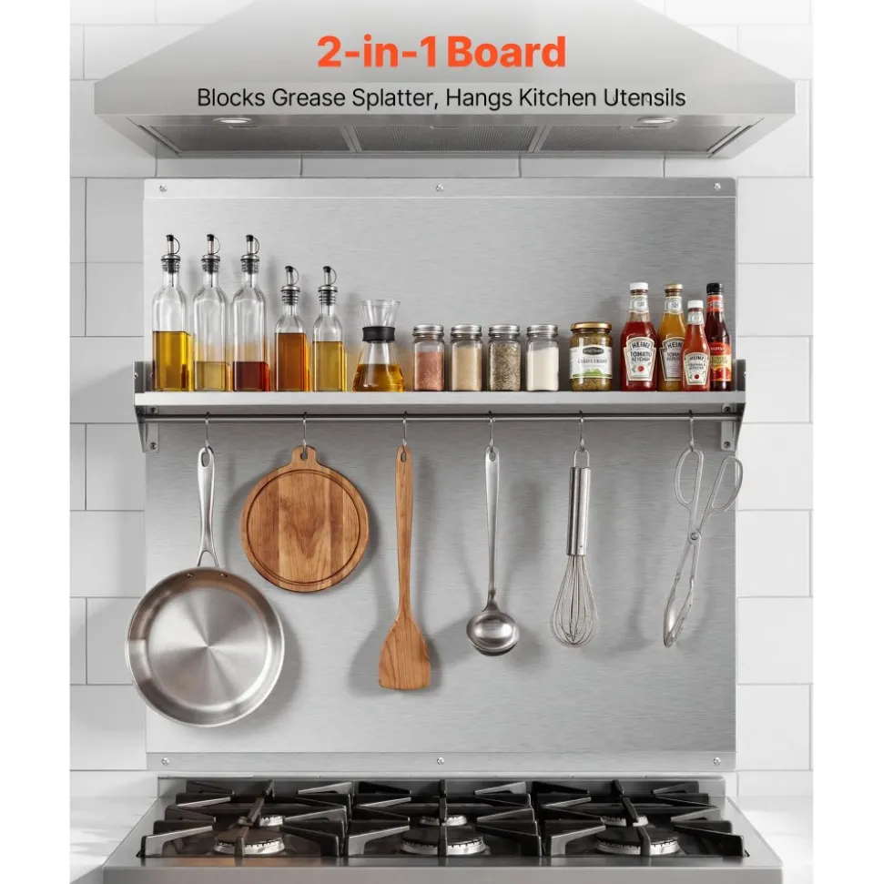 VEVOR 30" x 24" Stainless Steel Backsplash for Stove, Ultra Flat Splatter Guard, Wall Shield Range Hood Backsplash, Easy Clean Kitchen Wall Metal Panel, Pre-Drilled Holes for Easy Installation, Silver