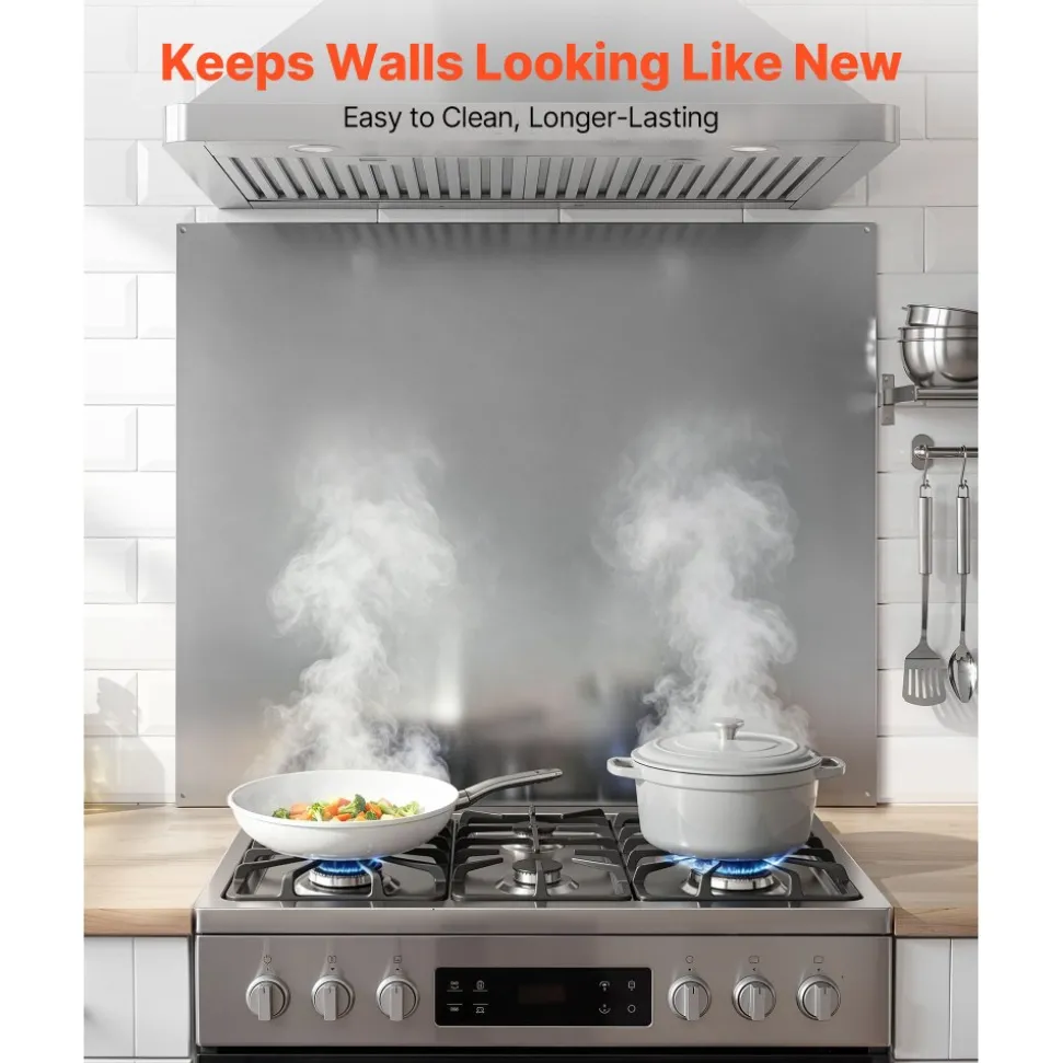 VEVOR 36" x 30" Stainless Steel Backsplash for Stove, Ultra Flat Splatter Guard, Wall Shield Range Hood Backsplash, Easy Clean Kitchen Wall Metal Panel, Pre-Drilled Holes for Easy Installation, Silver