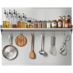 VEVOR 36" x 30" Stainless Steel Backsplash for Stove, Ultra Flat Splatter Guard with Storage Shelf & Hanging Rack, Wall Shield Range Hood Panel, Easy Clean, Pre-Drilled Holes for Easy Installation
