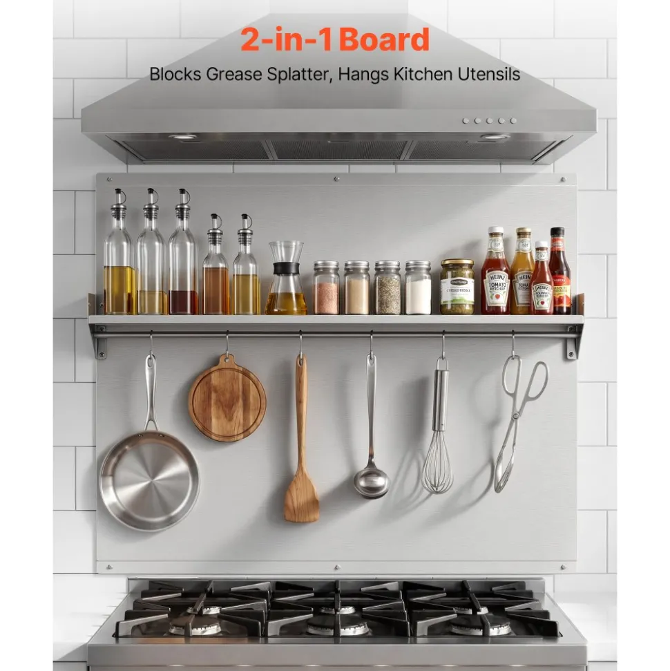 VEVOR 36" x 30" Stainless Steel Backsplash for Stove, Ultra Flat Splatter Guard with Storage Shelf & Hanging Rack, Wall Shield Range Hood Panel, Easy Clean, Pre-Drilled Holes for Easy Installation