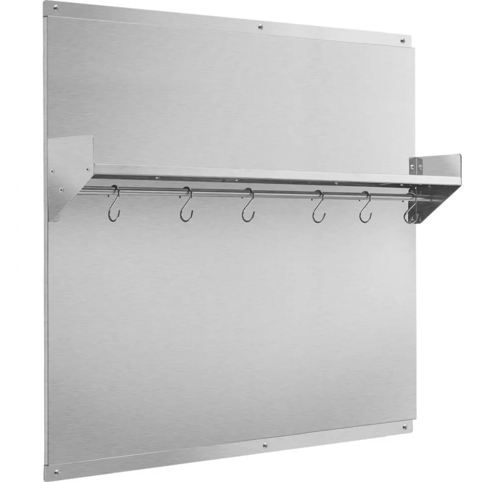 VEVOR 36" x 30" Stainless Steel Backsplash for Stove, Ultra Flat Splatter Guard with Storage Shelf & Hanging Rack, Wall Shield Range Hood Panel, Easy Clean, Pre-Drilled Holes for Easy Installation