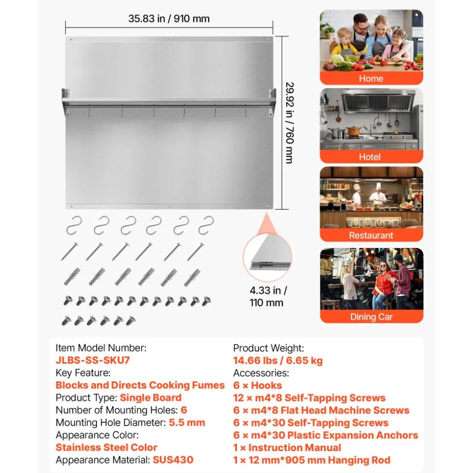 VEVOR 36" x 30" Stainless Steel Backsplash for Stove, Ultra Flat Splatter Guard with Storage Shelf & Hanging Rack, Wall Shield Range Hood Panel, Easy Clean, Pre-Drilled Holes for Easy Installation