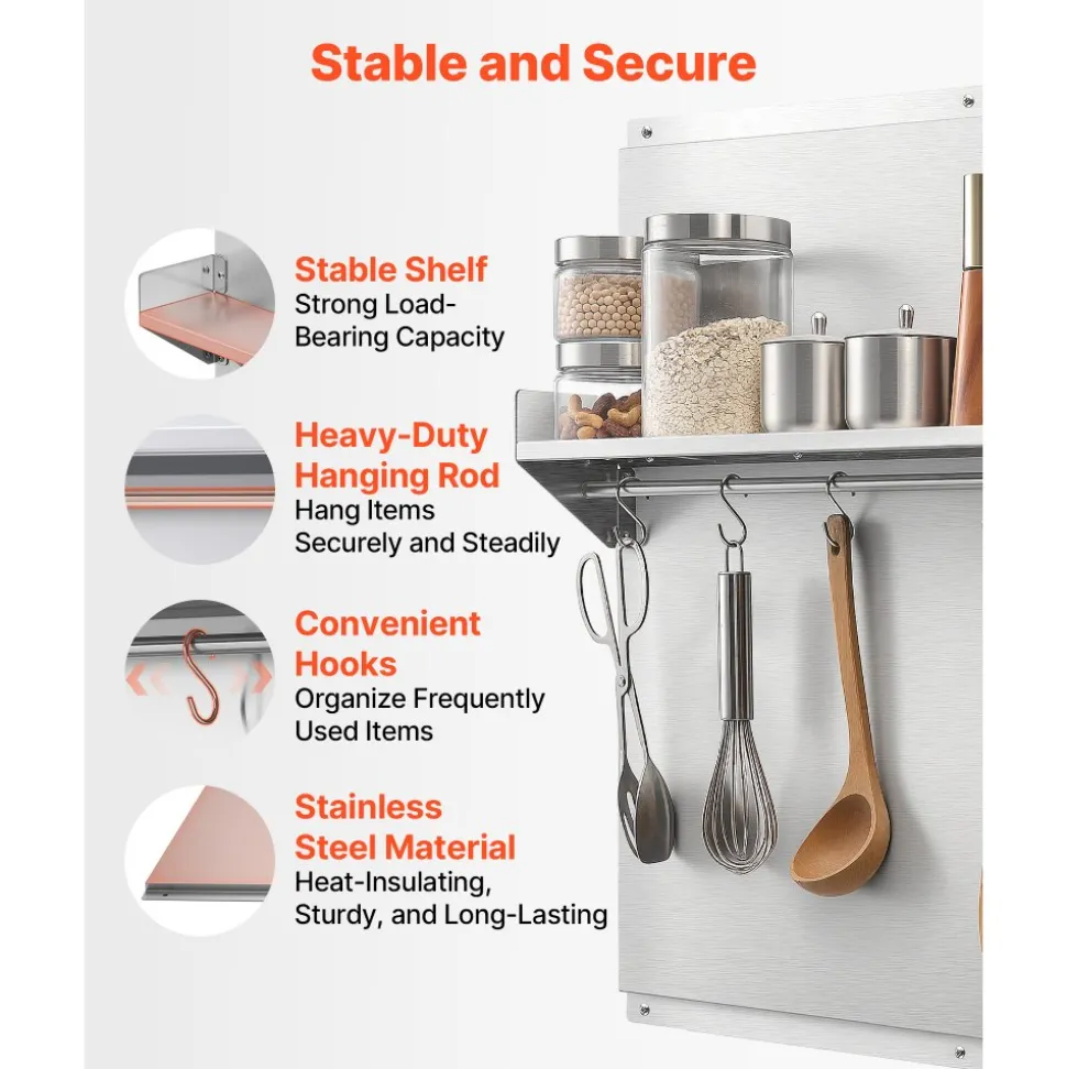 VEVOR 36" x 30" Stainless Steel Backsplash for Stove, Ultra Flat Splatter Guard with Storage Shelf & Hanging Rack, Wall Shield Range Hood Panel, Easy Clean, Pre-Drilled Holes for Easy Installation