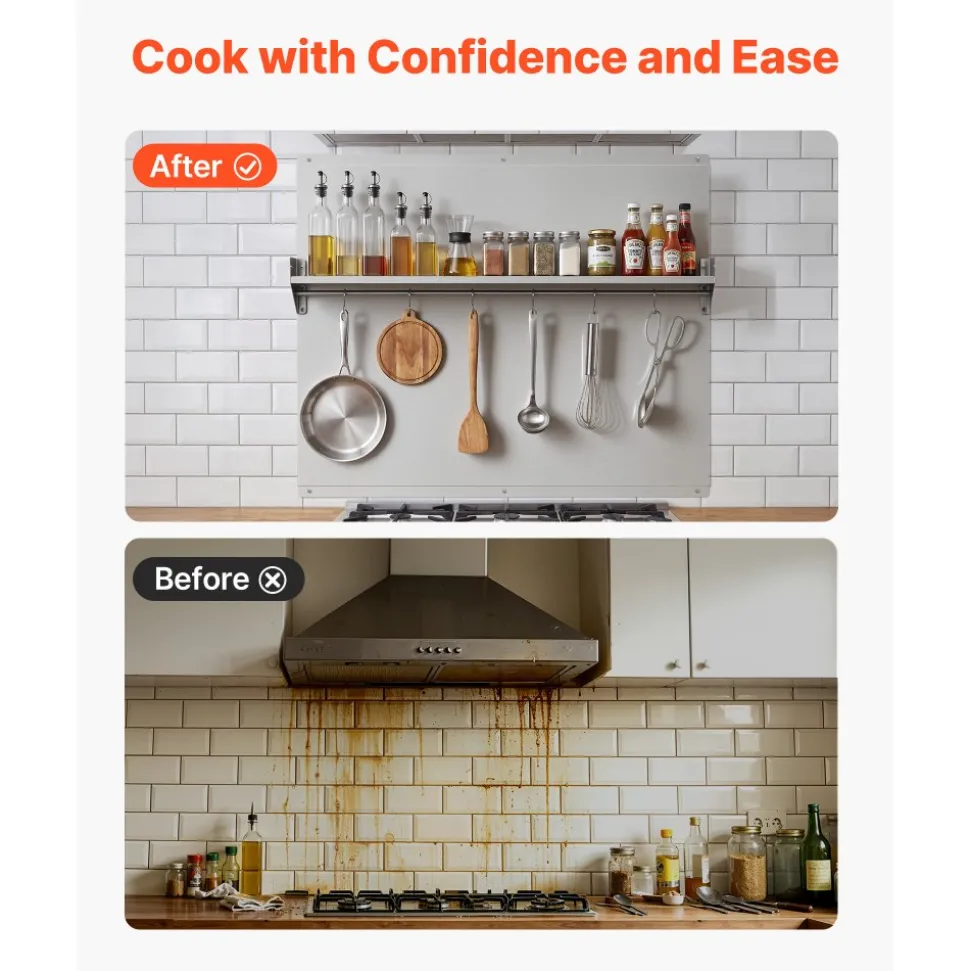 VEVOR 36" x 30" Stainless Steel Backsplash for Stove, Ultra Flat Splatter Guard with Storage Shelf & Hanging Rack, Wall Shield Range Hood Panel, Easy Clean, Pre-Drilled Holes for Easy Installation