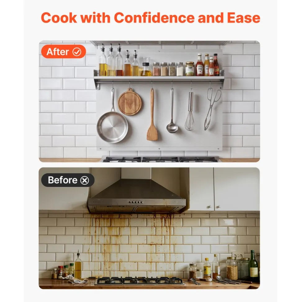 VEVOR 30" x 24" Stainless Steel Backsplash for Stove, Ultra Flat Splatter Guard with Storage Shelf & Hanging Rack, Wall Shield Range Hood Panel, Easy Clean, Pre-Drilled Holes for Easy Installation
