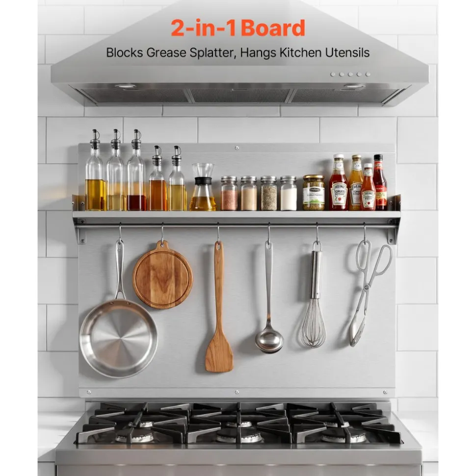 VEVOR 30" x 24" Stainless Steel Backsplash for Stove, Ultra Flat Splatter Guard with Storage Shelf & Hanging Rack, Wall Shield Range Hood Panel, Easy Clean, Pre-Drilled Holes for Easy Installation