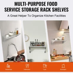 VEVOR 12" x 36" Stainless Steel Shelf, Wall Mounted Floating Shelving with Brackets, 250 lbs Load Capacity Commercial Shelves, Heavy Duty Storage Rack for Restaurant, Kitchen, Bar, Home, and Hotel