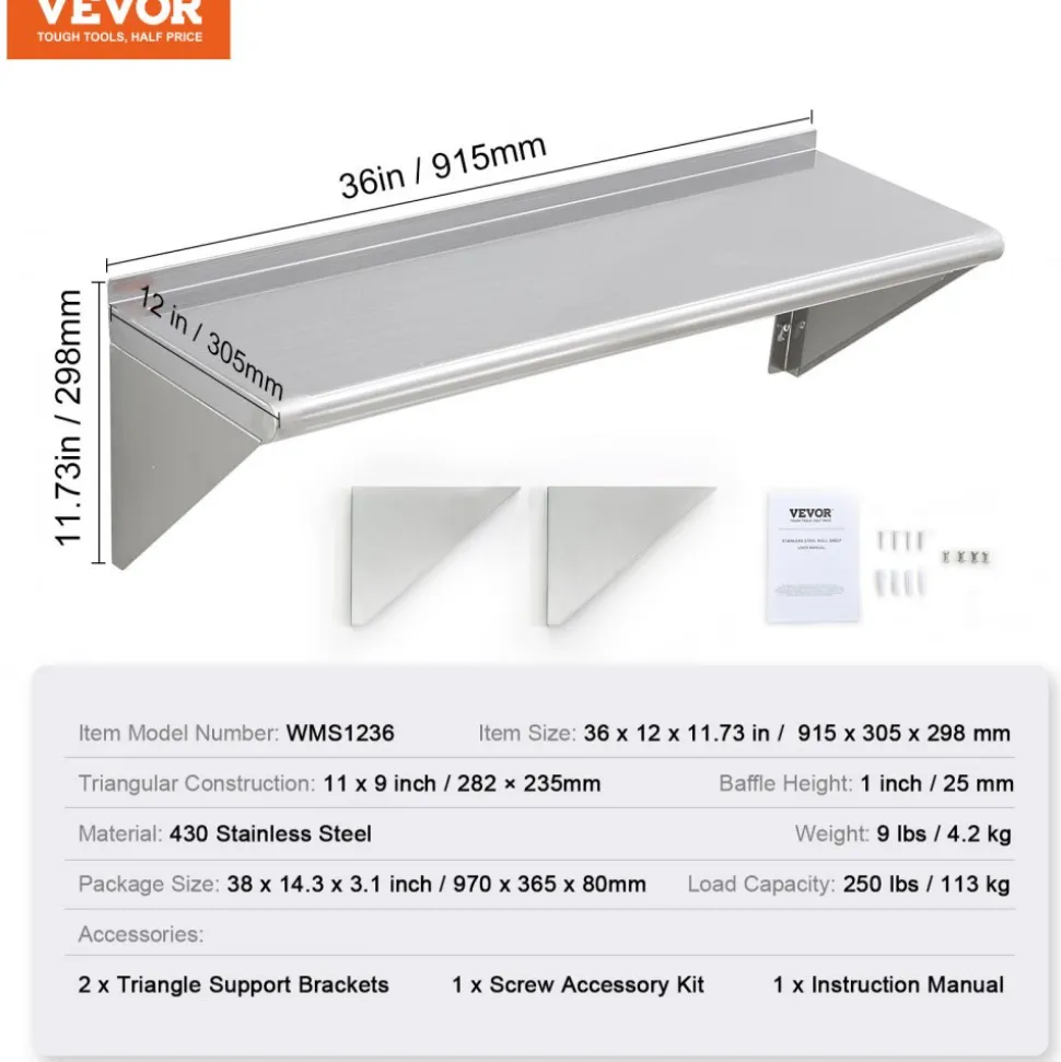 VEVOR 12" x 36" Stainless Steel Shelf, Wall Mounted Floating Shelving with Brackets, 250 lbs Load Capacity Commercial Shelves, Heavy Duty Storage Rack for Restaurant, Kitchen, Bar, Home, and Hotel