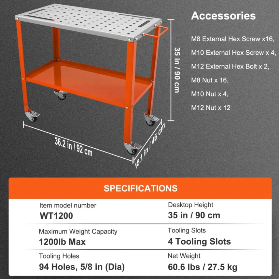 VEVOR 36" x 18" Welding Table, 1200lbs Load Capacity Steel Welding Workbench Table on Wheels, Portable Work Bench with Braking Lockable Casters, 4 Tool Slots, 5/8-inch Fixture Holes, Tool Tray