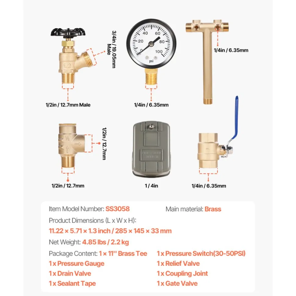 VEVOR 1" x 11" Well Pressure Tank Tee Kit, with 30/50PSI Switch, 8-Pieces Pure Brass Pressure Tank Installation Kit for Water Well, 1 in Gate Valve Included, Fit Most tanks with Diameter up to 16 in