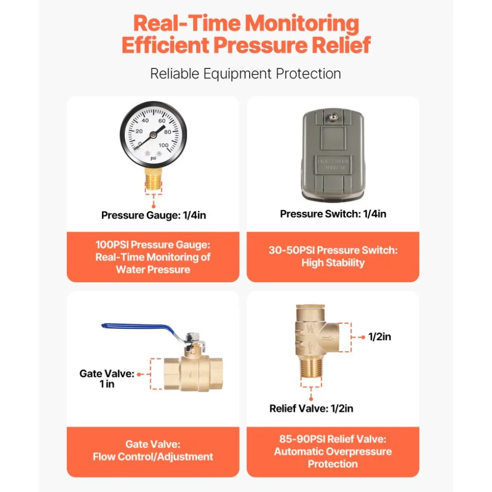 VEVOR 1" x 11" Well Pressure Tank Tee Kit, with 30/50PSI Switch, 8-Pieces Pure Brass Pressure Tank Installation Kit for Water Well, 1 in Gate Valve Included, Fit Most tanks with Diameter up to 16 in