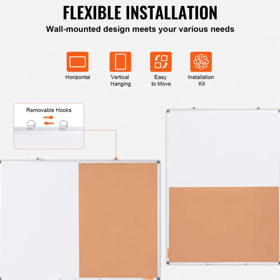 VEVOR 48"x 36" Whiteboard & Cork Board Combo with Aluminum Frame – 2-in-1 Magnetic Dry Erase Bulletin Board for Wall Mount – Ideal for School, Home, Office