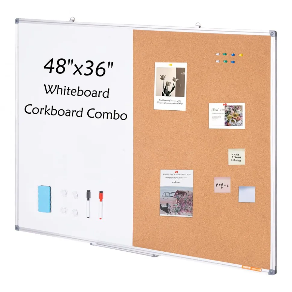 VEVOR 48"x 36" Whiteboard & Cork Board Combo with Aluminum Frame – 2-in-1 Magnetic Dry Erase Bulletin Board for Wall Mount – Ideal for School, Home, Office