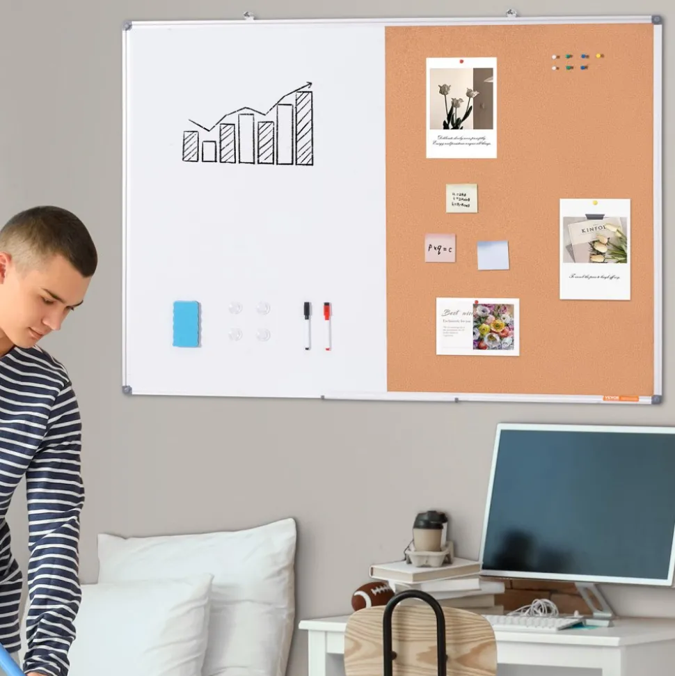 VEVOR 48"x 36" Whiteboard & Cork Board Combo with Aluminum Frame – 2-in-1 Magnetic Dry Erase Bulletin Board for Wall Mount – Ideal for School, Home, Office