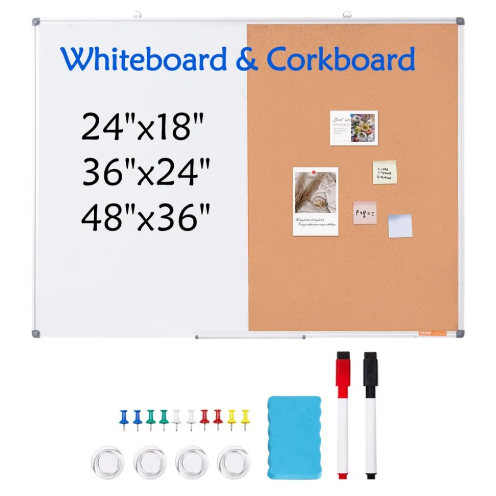 VEVOR 48"x 36" Whiteboard & Cork Board Combo with Aluminum Frame – 2-in-1 Magnetic Dry Erase Bulletin Board for Wall Mount – Ideal for School, Home, Office