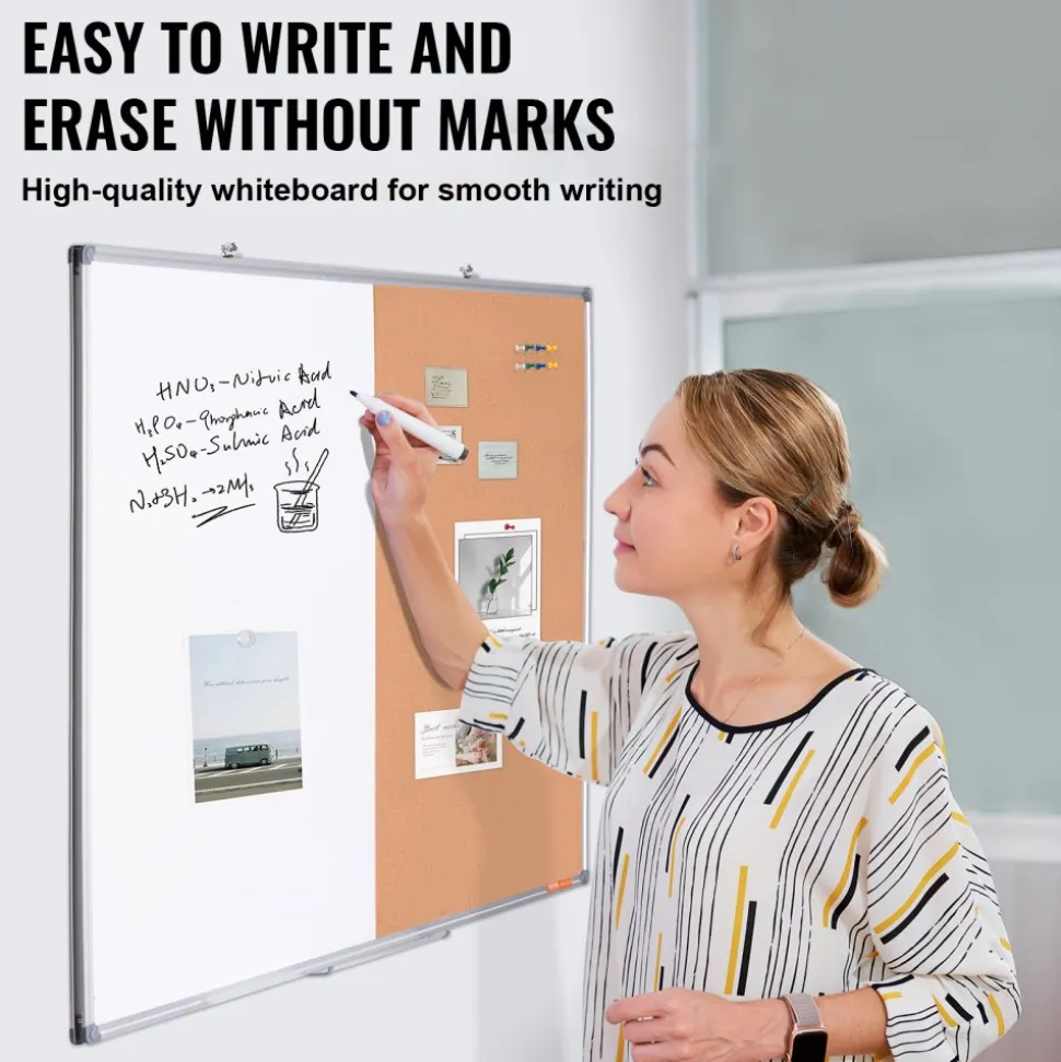 VEVOR 48"x 36" Whiteboard & Cork Board Combo with Aluminum Frame – 2-in-1 Magnetic Dry Erase Bulletin Board for Wall Mount – Ideal for School, Home, Office