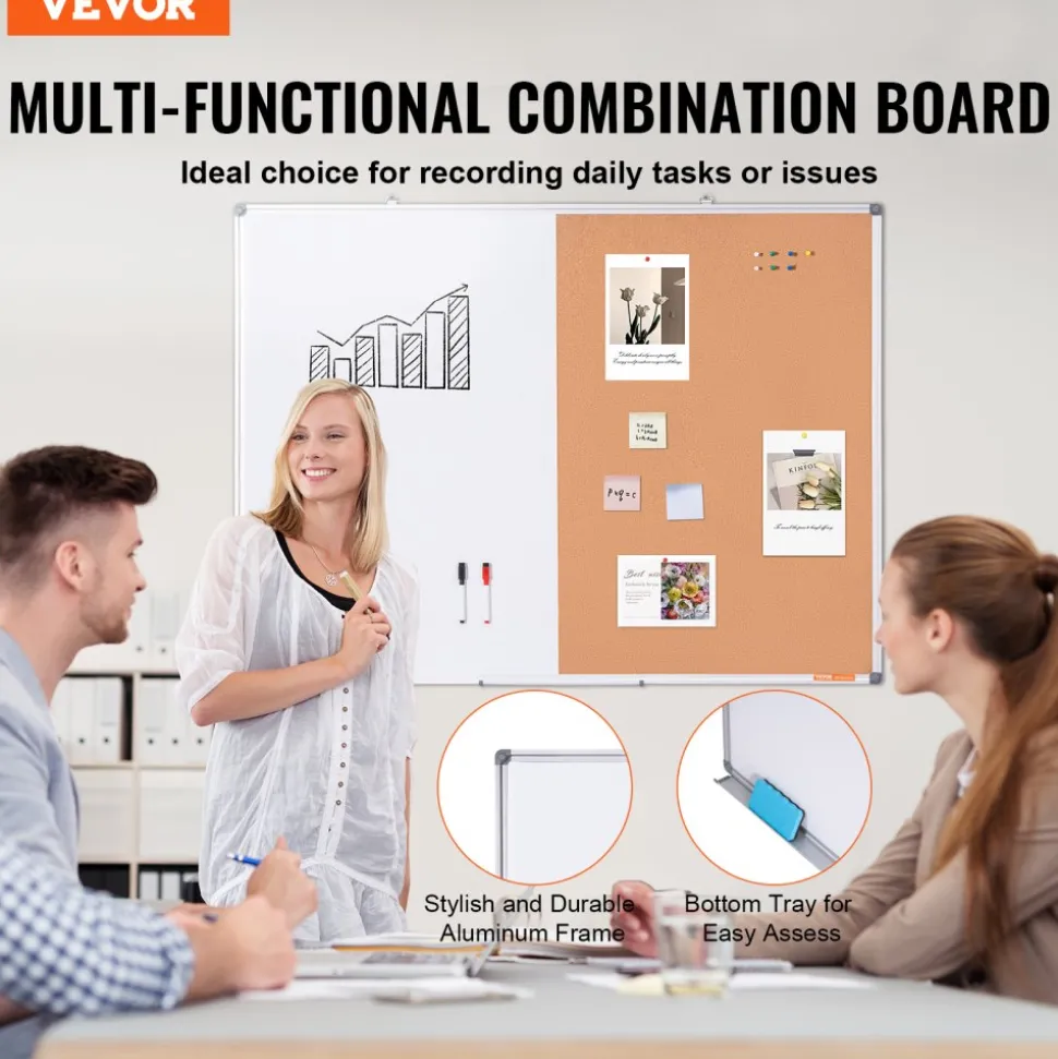 VEVOR 48"x 36" Whiteboard & Cork Board Combo with Aluminum Frame – 2-in-1 Magnetic Dry Erase Bulletin Board for Wall Mount – Ideal for School, Home, Office