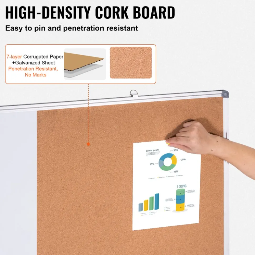 VEVOR 48"x 36" Whiteboard & Cork Board Combo with Aluminum Frame – 2-in-1 Magnetic Dry Erase Bulletin Board for Wall Mount – Ideal for School, Home, Office