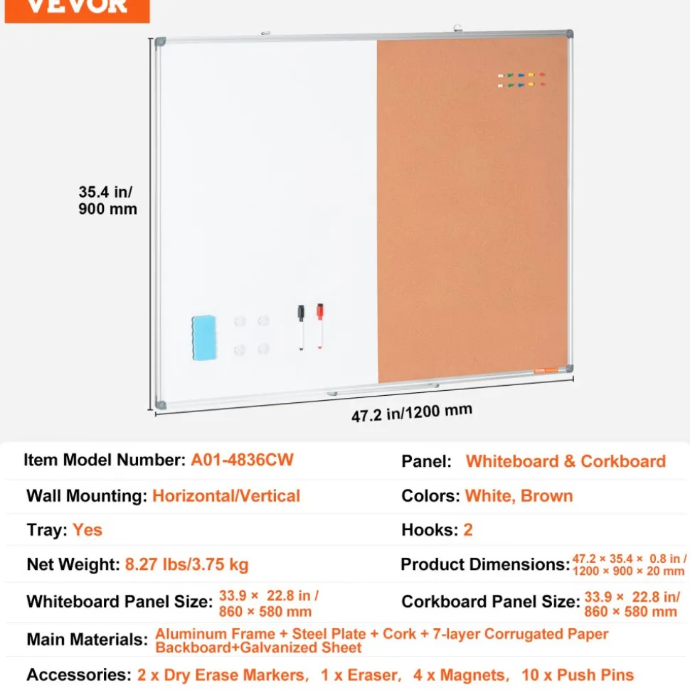 VEVOR 48"x 36" Whiteboard & Cork Board Combo with Aluminum Frame – 2-in-1 Magnetic Dry Erase Bulletin Board for Wall Mount – Ideal for School, Home, Office