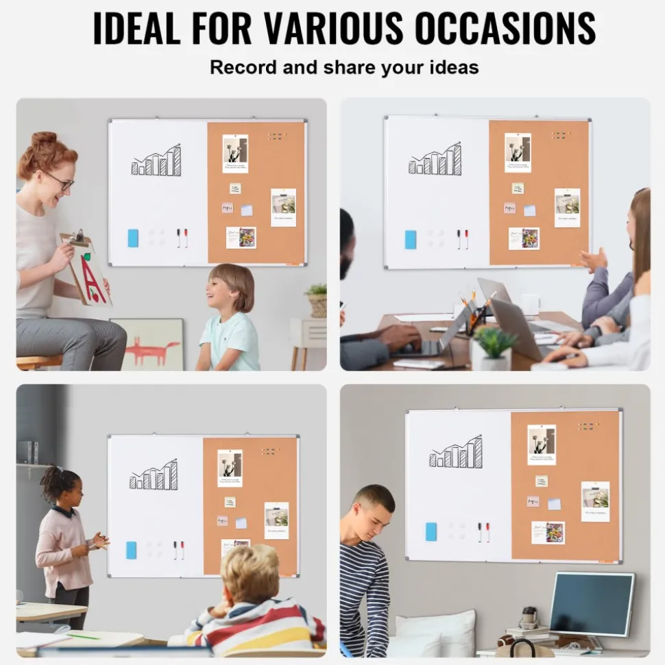 VEVOR 48"x 36" Whiteboard & Cork Board Combo with Aluminum Frame – 2-in-1 Magnetic Dry Erase Bulletin Board for Wall Mount – Ideal for School, Home, Office