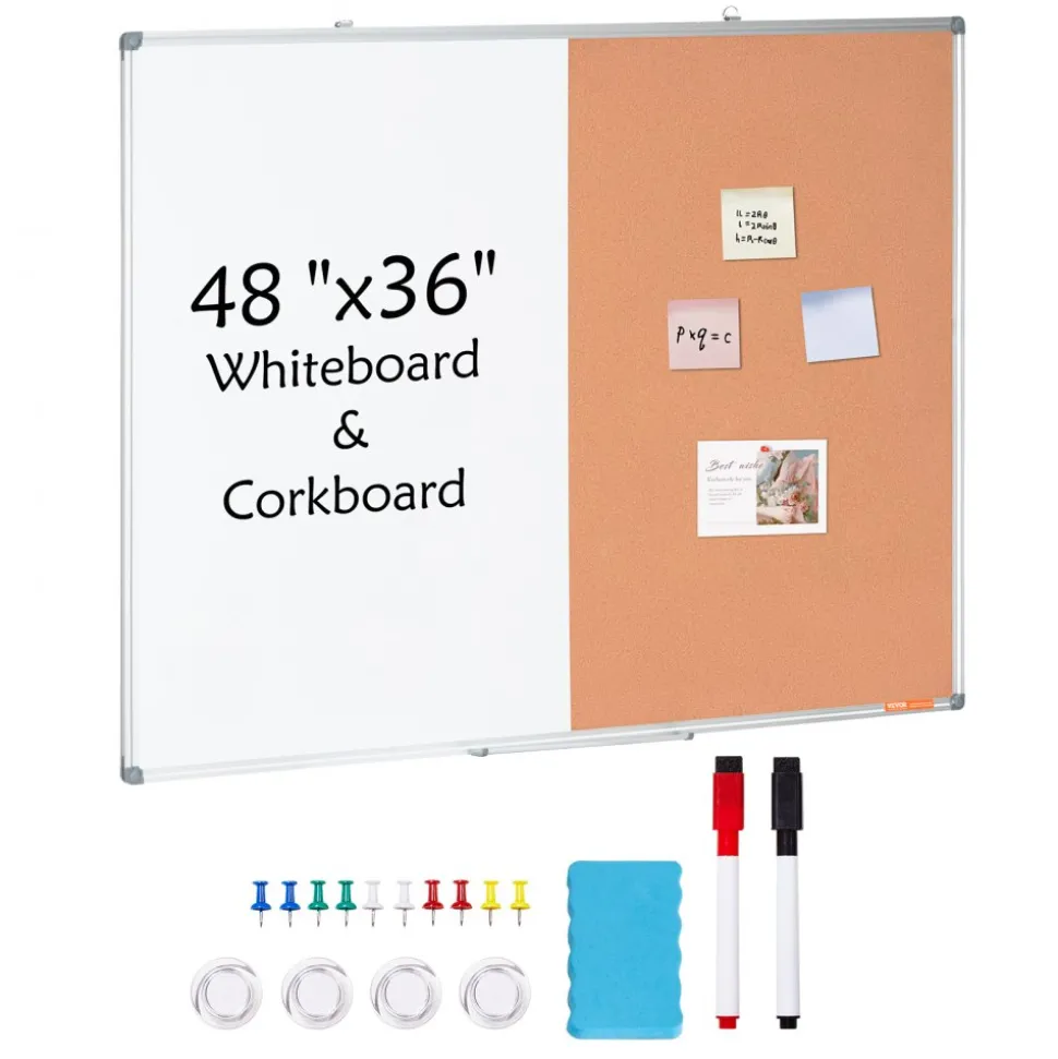 VEVOR 48"x 36" Whiteboard & Cork Board Combo with Aluminum Frame – 2-in-1 Magnetic Dry Erase Bulletin Board for Wall Mount – Ideal for School, Home, Office