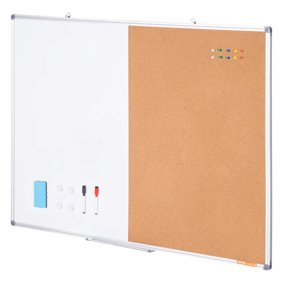 VEVOR 48"x 36" Whiteboard & Cork Board Combo with Aluminum Frame – 2-in-1 Magnetic Dry Erase Bulletin Board for Wall Mount – Ideal for School, Home, Office