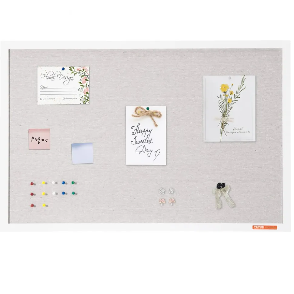 VEVOR 36"x24" White Cork Board with Linen Surface – Stylish Wall-Mounted Bulletin Board for Home, School, Office – Elegant & Functional Noticeboard