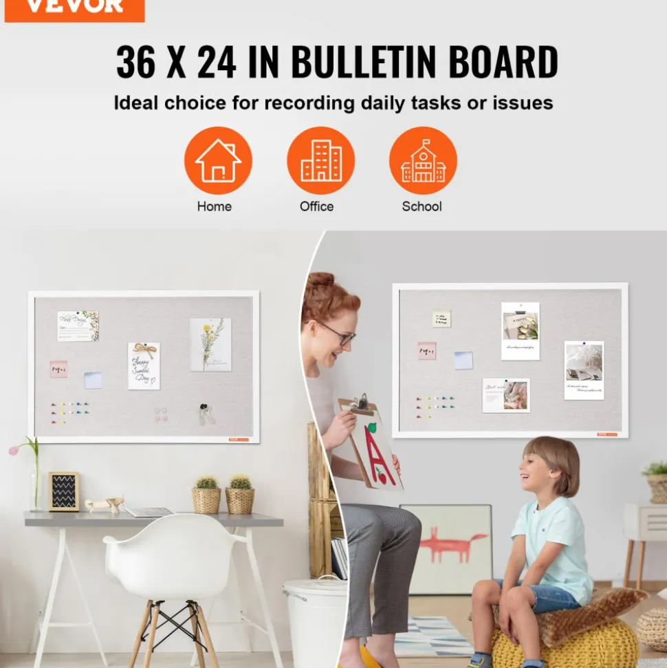 VEVOR 36"x24" White Cork Board with Linen Surface – Stylish Wall-Mounted Bulletin Board for Home, School, Office – Elegant & Functional Noticeboard