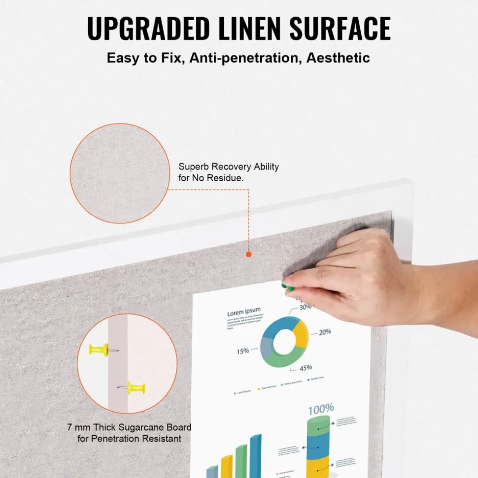 VEVOR 48"x36" White Cork Board with Linen Surface – Stylish Wall-Mounted Bulletin Board for Home, School, Office – Elegant & Functional Noticeboard