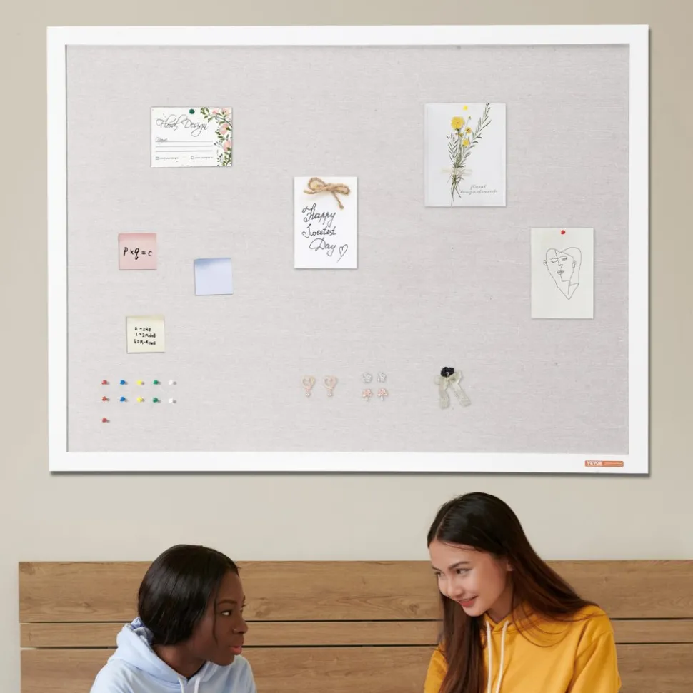 VEVOR 48"x36" White Cork Board with Linen Surface – Stylish Wall-Mounted Bulletin Board for Home, School, Office – Elegant & Functional Noticeboard