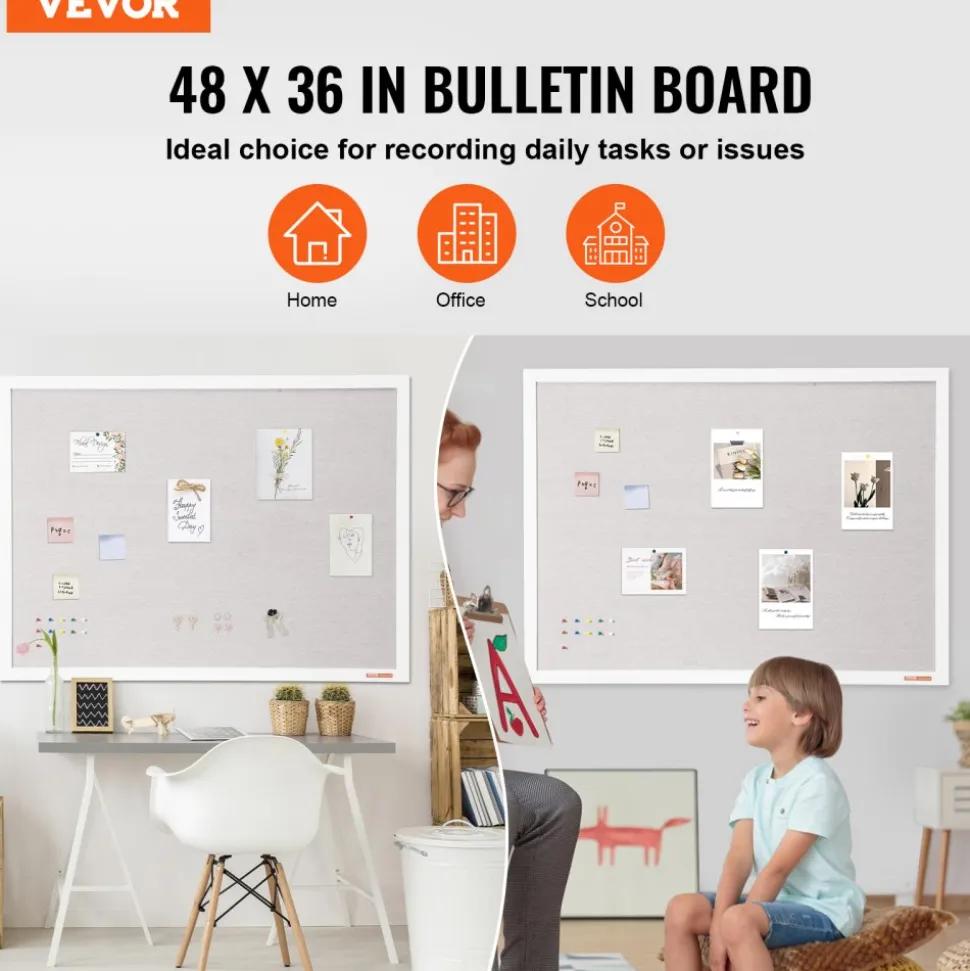 VEVOR 48"x36" White Cork Board with Linen Surface – Stylish Wall-Mounted Bulletin Board for Home, School, Office – Elegant & Functional Noticeboard