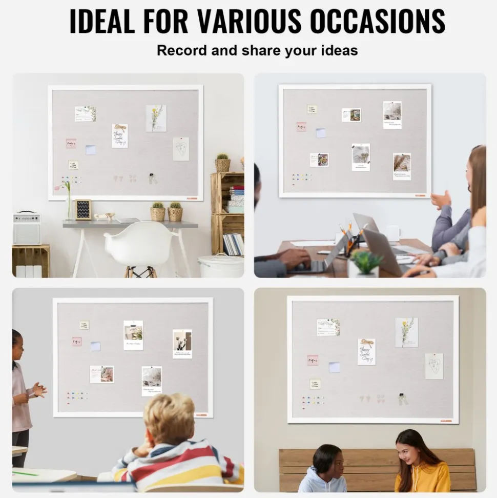 VEVOR 48"x36" White Cork Board with Linen Surface – Stylish Wall-Mounted Bulletin Board for Home, School, Office – Elegant & Functional Noticeboard