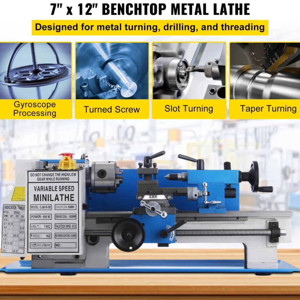 VEVOR 7x12" 400W Precision Mini Metal Lathe Variable Speed 2250RPM