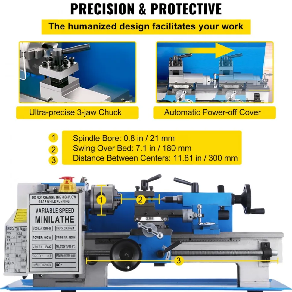 VEVOR 7x12" 400W Precision Mini Metal Lathe Variable Speed 2250RPM